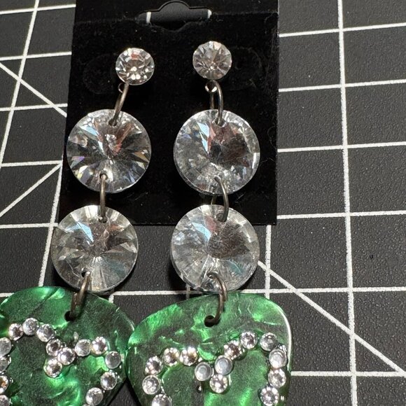 Green guitar pick dangle earrings with crystal and rhinestone embellishments - Picture 4 of 5